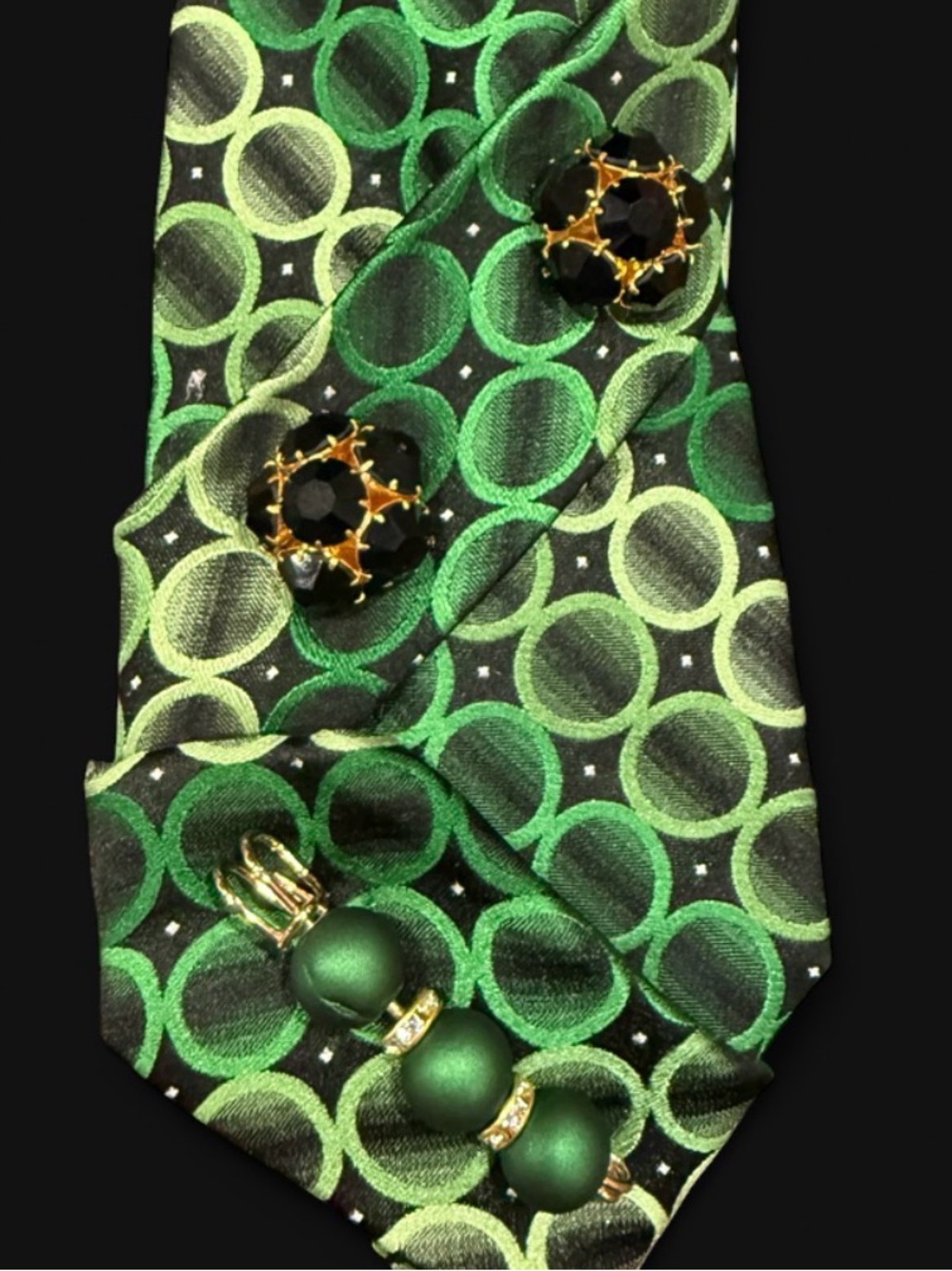 Handcrafted Green Silk Necktie Necklace Halloween Dark Academia Statement Jewel - Picture 9 of 14